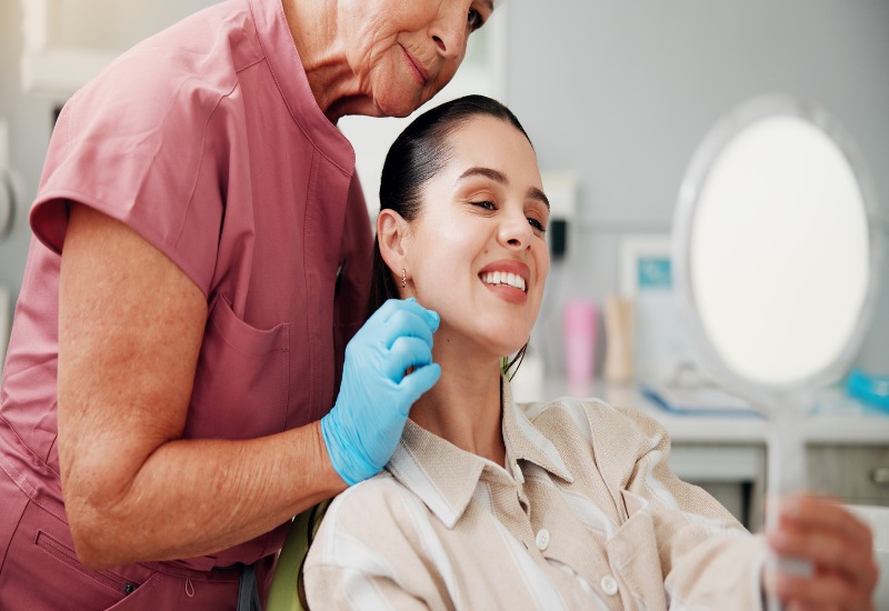 A patient smiling seeing, her reflection after a cosmetic dentistry procedure in Warrenville, IL